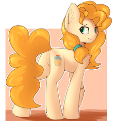 Size: 2564x2724 | Tagged: safe, artist:renderpoint, pear butter, earth pony, pony, g4, butt, chest fluff, cute, dock, ear fluff, featureless crotch, female, high res, leg fluff, looking back, mare, pear butt, pearabetes, plot, solo
