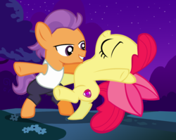 Size: 1226x976 | Tagged: safe, artist:3d4d, apple bloom, tender taps, earth pony, pony, g4, clothes, dancing, female, male, night, shipping, stars, straight, tenderbloom