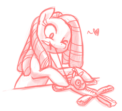Size: 656x593 | Tagged: safe, artist:needsmoarg4, sundance, earth pony, pony, g1, g4, doll, female, g1 to g4, generation leap, heart, mare, monochrome, mouth hold, one eye closed, sewing, sewing needle, simple background, sketch, solo, toy, white background