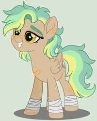 Size: 1024x1283 | Tagged: dead source, safe, artist:grumppanda, oc, oc only, oc:golden daze, pegasus, pony, bandage, bandaid, bandaid on nose, base used, female, green background, mare, movie accurate, simple background, solo