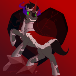 Size: 900x900 | Tagged: safe, artist:enigmadoodles, king sombra, pony, unicorn, g4, crystal heart, hilarious in hindsight in description, male, red background, simple background, solo, sombra eyes, stallion