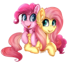 Size: 954x817 | Tagged: safe, artist:deraniel, fluttershy, pinkie pie, earth pony, pegasus, pony, g4, chest fluff, duo, ear fluff, female, folded wings, looking at each other, looking sideways, mare, open mouth, prone, simple background, smiling, transparent background, wings
