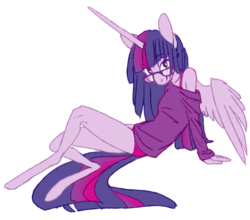 Size: 900x791 | Tagged: safe, artist:vautaryt, twilight sparkle, alicorn, anthro, unguligrade anthro, g4, bra strap, clothes, cute, female, glasses, horn, long horn, mare, off shoulder, panties, pink underwear, simple background, sitting, solo, transparent background, twiabetes, twilight sparkle (alicorn), underwear