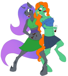 Size: 2094x2322 | Tagged: safe, artist:settop, oc, oc:emerald isle, oc:viciz, changeling, unicorn, anthro, alcohol, beer, changeling oc, clothes, drunk, high res, holiday, purple changeling, saint patrick's day, simple background, skirt, white background