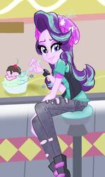 Size: 1030x1728 | Tagged: safe, artist:rodan00, starlight glimmer, equestria girls, equestria girls specials, g4, mirror magic, beanie, boots, clothes, cute, female, food, glimmerbetes, hat, ice cream, jeans, pants, ripped jeans, ripped pants, shoes, sitting, solo, stars, that human sure does love ice cream, that pony sure does love ice cream, watch