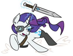 Size: 877x680 | Tagged: safe, artist:jargon scott, rarity, pony, unicorn, g4, alternate universe, clothes, eyepatch, female, glowing horn, horn, magic, mare, simple background, solo, stockings, sword, sword rara, telekinesis, thigh highs, weapon, white background