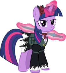 Size: 3100x3415 | Tagged: safe, artist:totallynotabronyfim, twilight sparkle, pony, g4, clothes, crossover, dress, female, flower, high res, magic, magical girl, magical girl outfit, magical girl spec ops asuka, necktie, simple background, solo, sword, telekinesis, transparent background, weapon