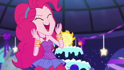 Size: 1920x1080 | Tagged: safe, screencap, pinkie pie, equestria girls, g4, my little pony equestria girls: better together, twilight under the stars, ^^, atomic chocolate cake, bare shoulders, bracelet, cake, chocolate, chocolate cake, clothes, come and get it, eyes closed, female, food, happy, heart necklace, jewelry, rah rah skirt, skirt, sleeveless, solo, strapless