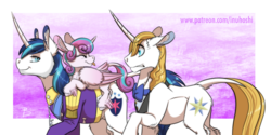 Size: 1364x684 | Tagged: safe, artist:inuhoshi-to-darkpen, prince blueblood, princess flurry heart, shining armor, alicorn, classical unicorn, pony, unicorn, g4, :p, bowtie, butt fluff, cheek fluff, chest fluff, clothes, curved horn, cute, dock, ear fluff, eyes closed, father and daughter, feathered fetlocks, female, filly, floppy ears, fluffy, flurry heart riding shining armor, flurrybetes, frown, gritted teeth, hoof fluff, horn, leg fluff, leonine tail, long horn, looking back, male, nose wrinkle, older, ponies riding ponies, raised hoof, raspberry, riding, shirt, silly, smiling, stallion, tail feathers, tail fluff, tongue out, trio, uniform, unshorn fetlocks, walking, wide eyes, wing fluff