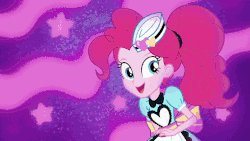 Size: 800x450 | Tagged: safe, screencap, pinkie pie, sunny sugarsocks, tip top, human, coinky-dink world, equestria girls, g4, my little pony equestria girls: summertime shorts, animated, apron, clothes, dancing, diner uniform, doo wop, female, gif, grin, heart, heart hands, huggable, looking at you, milkshake malt, roller skates, server pinkie pie, smiling, stars, waitress