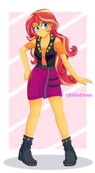 Size: 2200x4000 | Tagged: safe, artist:katakiuchi4u, sunset shimmer, equestria girls, g4, my little pony equestria girls: better together, abstract background, blushing, boots, clothes, cute, female, freckles, high heel boots, legs, looking at you, peppered bacon, pose, shimmerbetes, shoes, skirt, smiling, solo, watermark