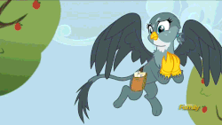 Size: 980x551 | Tagged: safe, screencap, gabby, griffon, g4, the fault in our cutie marks, animated, apple tree, cute, excited, female, flying, gabbybetes, gif, solo, tree