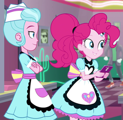 Size: 995x969 | Tagged: safe, screencap, pinkie pie, sunny sugarsocks, equestria girls, five stars, g4, my little pony equestria girls: better together, cellphone, cropped, female, phone, server pinkie pie, smartphone