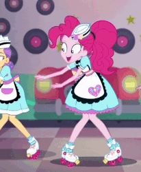 Size: 600x729 | Tagged: safe, screencap, pinkie pie, tip top, coinky-dink world, equestria girls, g4, my little pony equestria girls: summertime shorts, animated, background human, clothes, cropped, cute, dancing, diapinkes, female, gif, huggable, looking at you, pelvic thrust, roller skates, server pinkie pie