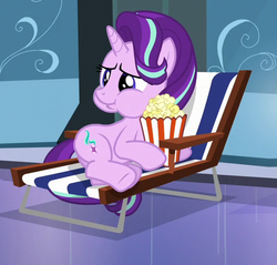Size: 508x485 | Tagged: safe, screencap, starlight glimmer, pony, unicorn, g4, season 6, the crystalling, aweeg*, beach chair, chair, cropped, female, food, mare, popcorn, puffy cheeks, solo