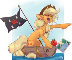 Size: 2016x1659 | Tagged: safe, artist:kez, applejack, g4, apple, apple flag, apple parrot, ear piercing, earring, flag pole, food, freckles, jewelry, jolly roger, map, piercing, pirate, pirate applejack, point, shoulder freckles, treasure map, yelling