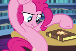 Size: 1602x1073 | Tagged: safe, screencap, pinkie pie, earth pony, pony, equestria girls, g4, my little pony equestria girls: rainbow rocks, book, cropped, female, hooves in air, journal, smiling, solo