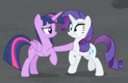 Size: 1338x866 | Tagged: safe, screencap, rarity, twilight sparkle, alicorn, pony, unicorn, g4, the cutie map, cropped, duo, female, looking at each other, mare, raised hoof, twilight sparkle (alicorn), wavy mouth, wide eyes