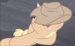 Size: 1530x937 | Tagged: safe, screencap, applejack, earth pony, pony, g4, the cutie map, applejack's hat, arm behind head, cowboy hat, equalized, eyes closed, female, freckles, frown, hat, hat over eyes, hooves behind head, lying down, mare, ponytail, resting, solo, stetson