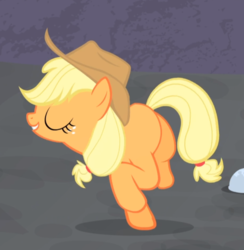 Size: 801x821 | Tagged: safe, screencap, applejack, earth pony, pony, g4, the cutie map, animation error, cropped, eyes closed, female, freckles, happy, majestic as fuck, mare, missing cutie mark, pose, raised hoof, smiling, solo, wat, what is anatomy