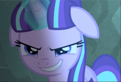 Size: 1389x941 | Tagged: safe, screencap, starlight glimmer, pony, unicorn, g4, the cutie map, cropped, evil grin, female, floppy ears, glowing horn, grin, horn, mare, narrowed eyes, s5 starlight, slasher smile, smiling, solo, teeth