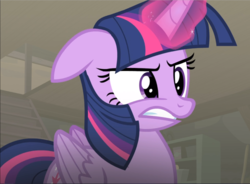 Size: 1275x940 | Tagged: safe, screencap, twilight sparkle, alicorn, pony, g4, the cutie map, basement, cropped, ears back, female, folded wings, glowing horn, gritted teeth, horn, magic, mare, nervous, scared, solo, twilight sparkle (alicorn), wings