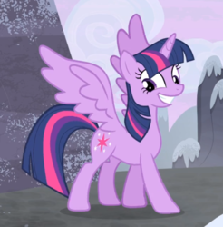 Size: 815x829 | Tagged: safe, screencap, twilight sparkle, alicorn, pony, g4, the cutie map, big smile, cropped, female, looking down, mare, overjoyed, pose, smiling, solo, spread wings, teeth, twilight sparkle (alicorn), victory, wings