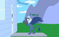 Size: 2400x1500 | Tagged: safe, artist:wydart, oc, oc only, oc:gustriana, griffon, catching, cloud, delivery, griffon oc, mountain, porch, this will end in pain, valley