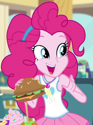 Size: 528x707 | Tagged: safe, screencap, blueberry cake, pinkie pie, human, equestria girls, g4, my little pony equestria girls: better together, schedule swap, background human, burger, cheeseburger, cropped, cupcake, cute, diapinkes, female, food, frosting, geode of sugar bombs, hamburger, junk food, magical geodes, solo, that human sure does love burgers