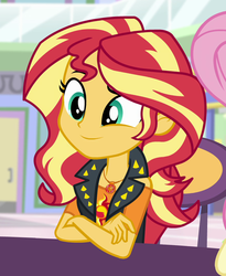 Size: 884x1076 | Tagged: safe, screencap, fluttershy, sunset shimmer, equestria girls, equestria girls series, g4, rollercoaster of friendship, cropped, crossed arms, cute, female, geode of empathy, magical geodes, shimmerbetes, solo focus
