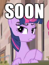 Size: 400x533 | Tagged: safe, edit, edited screencap, screencap, twilight sparkle, alicorn, pony, g4, the cutie map, acting, caption, cropped, female, glowing horn, hooves together, horn, image macro, lidded eyes, meme, solo, soon, text, twilight sparkle (alicorn)
