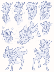 Size: 1670x2210 | Tagged: safe, artist:yakovlev-vad, oc, oc only, oc:arny, butterfly, deer, deer pony, hybrid, original species, pegasus, peryton, antlers, bust, cute, digital art, expressions, flower, lineart, male, ocbetes, open mouth, reference sheet, solo