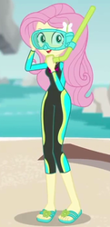 Size: 343x708 | Tagged: safe, screencap, fluttershy, equestria girls, g4, my little pony equestria girls: better together, unsolved selfie mysteries, beach, clothes, cropped, cute, dive mask, feet, female, flip-flops, fluttershy's wetsuit, geode of empathy, geode of fauna, geode of shielding, geode of sugar bombs, geode of super speed, geode of super strength, geode of telekinesis, magical geodes, ocean, rock horse, sandals, shorts, shyabetes, snorkel, solo, swimsuit, wetsuit