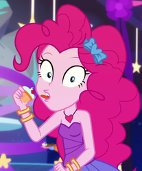 Size: 704x850 | Tagged: safe, screencap, pinkie pie, equestria girls, equestria girls series, g4, twilight under the stars, spoiler:eqg series (season 2), bare shoulders, bracelet, caught, clothes, cropped, cupcake, dress, food, hairband, heart necklace, huh, jewelry, rah rah skirt, skirt, sleeveless, sleeveless dress, solo, strapless, strapless dress, tongue out