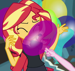 Size: 1143x1076 | Tagged: safe, screencap, pinkie pie, sunset shimmer, all the world's off stage, equestria girls, equestria girls series, g4, all the world's off stage: pinkie pie, balloon, clothes, cropped, solo focus, that pony sure does love balloons