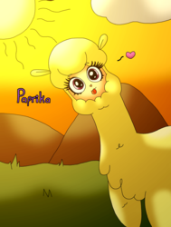 Size: 2184x2888 | Tagged: safe, artist:cuperthekiller, paprika (tfh), alpaca, them's fightin' herds, :p, cloud, community related, female, floating heart, heart, high res, looking at you, silly, solo, sun, tongue out