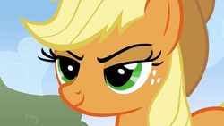 Size: 1024x576 | Tagged: safe, screencap, applejack, earth pony, pony, fall weather friends, g4, grin, smiling