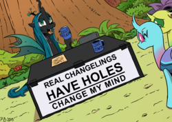 Size: 2047x1447 | Tagged: safe, artist:pony-berserker, queen chrysalis, oc, oc:dopple, changedling, changeling, changeling queen, g4, change my mind, changelings in the comments, cheeselegs, fangs, female, hoof hold, innuendo, lidded eyes, looking at you, meme, mug, open mouth, smiling, smirk, table, worried