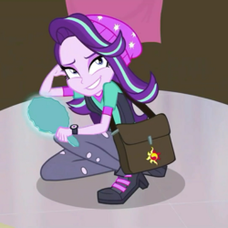 Size: 1080x1080 | Tagged: safe, screencap, starlight glimmer, equestria girls, equestria girls specials, g4, my little pony equestria girls: mirror magic, bag, beanie, boots, clothes, cropped, female, hat, plants, ripped pants, shirt, shoes, smiling, solo, vest