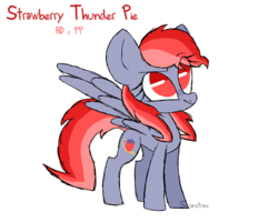 Size: 2500x2000 | Tagged: safe, artist:sugarstraw, derpibooru exclusive, oc, oc only, oc:strawberry thunder pie, pegasus, pony, cutie mark, female, food, grin, high res, hooves, magical lesbian spawn, mare, next generation, offspring, parent:pinkie pie, parent:rainbow dash, parents:pinkiedash, red eyes, simple background, smiling, solo, spread wings, strawberry, text, transparent background, wings