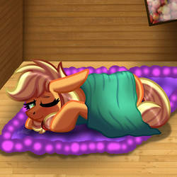 Size: 894x894 | Tagged: safe, artist:vale-bandicoot96, applejack, earth pony, pony, g4, apple, blanket, cute, female, food, hut, jackabetes, lying down, mare, missing accessory, one eye closed, rug, solo
