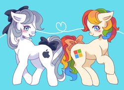 Size: 1300x950 | Tagged: safe, artist:tsukuda, oc, oc:apple-chan, oc:microsoft-chan, earth pony, pony, apple (company), blue background, blue eyes, blushing, bow, ears, facing each other, female, filly, grey hair, hair bow, heart, looking at you, microsoft windows, multicolored hair, multicolored mane, multicolored tail, open mouth, raised hoof, simple background, tail bow, white coat, windows 10, yellow coat