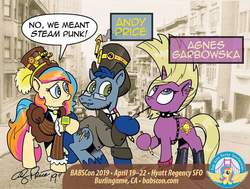 Size: 720x543 | Tagged: safe, artist:andypriceart, leadwing, oc, oc:agnes, pony, agnes garbowska, andy price, babscon, clothes, dress, hat, mascot, ponysona, punk, sepia, steampunk, suit, top hat, united states, wordplay