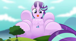Size: 800x442 | Tagged: safe, artist:jhayarr23, starlight glimmer, oc, oc:sierra nightingale, pegasus, pony, unicorn, g4, :p, belly, canon x oc, chest fluff, commission, female, giant pony, giant starlight glimmer, hill, macro, male, mare, silly, silly pony, stallion, tongue out