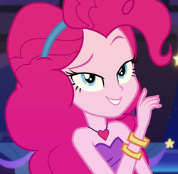 Size: 1106x1080 | Tagged: safe, screencap, pinkie pie, equestria girls, g4, my little pony equestria girls: better together, twilight under the stars, bare shoulders, breaking the fourth wall, cake fixes everything, cropped, fourth wall, grin, lidded eyes, sleeveless, smiling, smirk, strapless