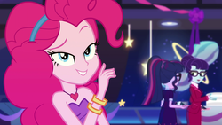 Size: 1920x1080 | Tagged: safe, screencap, pinkie pie, rosette nebula, sci-twi, twilight sparkle, equestria girls, equestria girls series, g4, twilight under the stars, spoiler:eqg series (season 2), atomic chocolate cake, bare shoulders, breaking the fourth wall, cake fixes everything, fourth wall, sleeveless, strapless