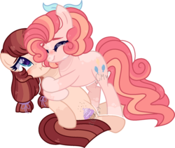 Size: 1280x1081 | Tagged: dead source, safe, artist:moon-rose-rosie, pinkie pie, oc, oc:chocolate sprinkles, earth pony, pony, g4, alternate design, duo, female, hug, mare, mother and daughter, offspring, parent:cheese sandwich, parent:pinkie pie, parents:cheesepie, simple background, transparent background