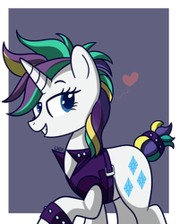 Size: 800x1000 | Tagged: safe, artist:vale-bandicoot96, rarity, pony, unicorn, g4, it isn't the mane thing about you, alternate hairstyle, bracelet, clothes, cute, female, heart, jewelry, mare, punk, raised hoof, raribetes, raripunk, smiling, solo, spiked wristband, studded bracelet, wristband