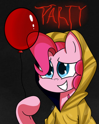 Size: 800x1000 | Tagged: safe, artist:vale-bandicoot96, pinkie pie, earth pony, pony, g4, balloon, black background, clothes, cute, diapinkes, female, holding, hoodie, it, mare, parody, party, pennywise, pinkiewise, simple background, smiling, solo