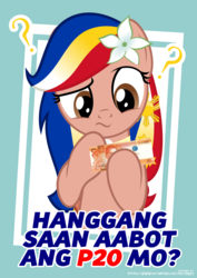 Size: 5506x7775 | Tagged: safe, artist:jhayarr23, oc, oc:pearl shine, pony, bank note, confused, filipino, flower, flower in hair, parody, peso, philippines, tagalog